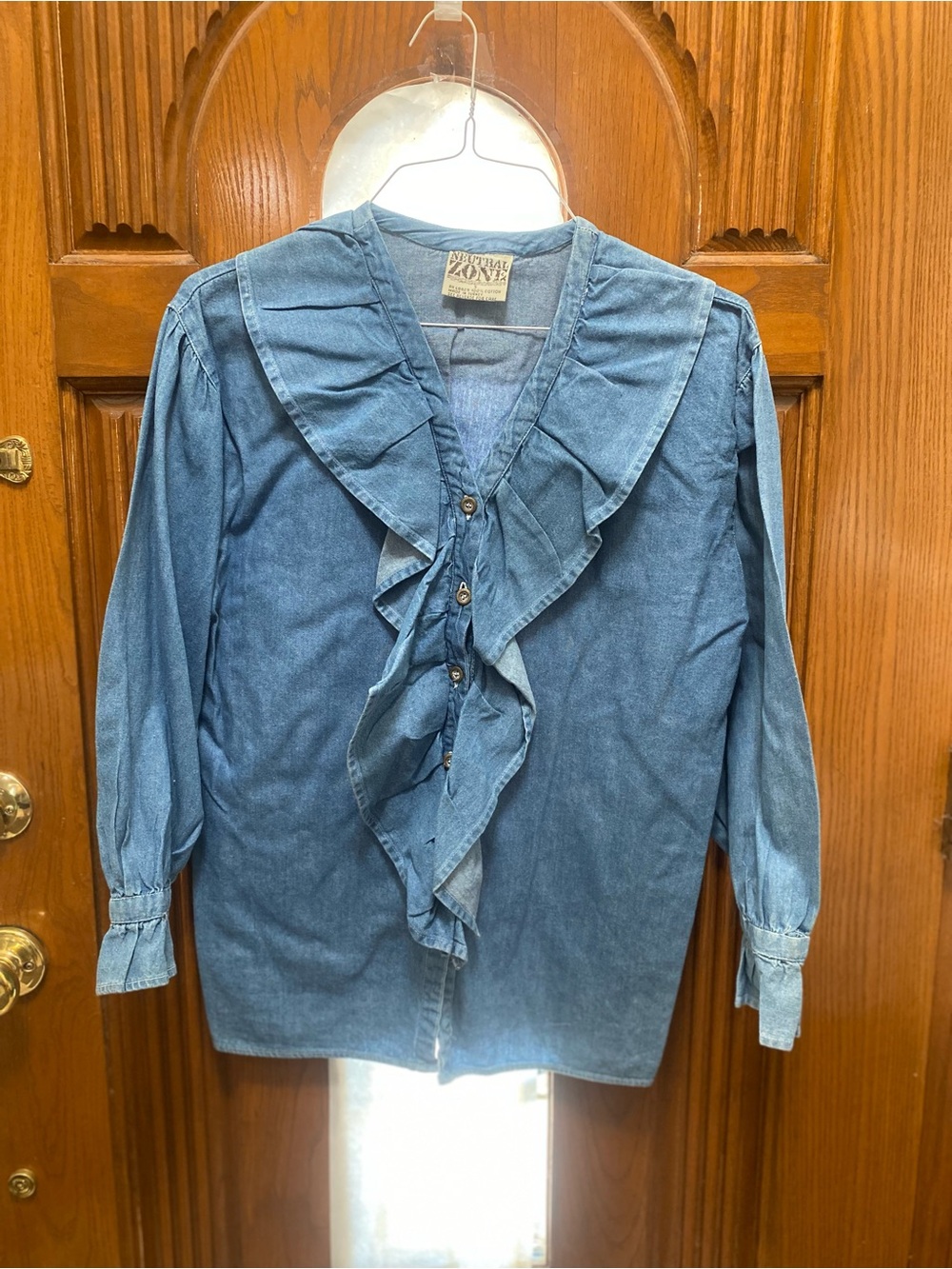 Ruffled Denim-Look Button Down Shirt - Blue